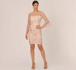 Adrianna Papell Wedding Guest Dresses|Day Dresses*Floral Embroidered Sheath Dress With Scalloped Detail In Champagne Multi