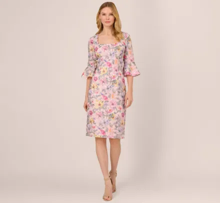 Adrianna Papell Wedding Guest Dresses|Day Dresses*Floral Embroidered Sheath Dress With Three Quarter Bell Sleeves In Blush Multi