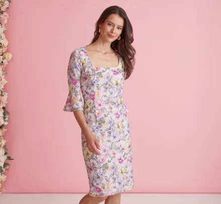 Adrianna Papell Wedding Guest Dresses|Day Dresses*Floral Embroidered Sheath Dress With Three Quarter Bell Sleeves In Blush Multi