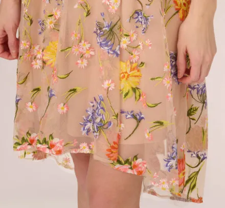 Adrianna Papell Wedding Guest Dresses|Petite-Friendly*Floral Embroidered Sleeveless Midi Dress With High Low Skirt In Yellow Orange Multi