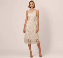 Adrianna Papell Day Dresses|Petite-Friendly*Floral Embroidery Illusion Midi Dress In Ivory Gold