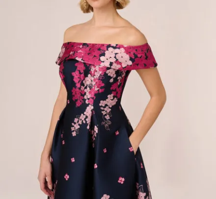 Adrianna Papell Wedding Guest Dresses|Grandmother Of The Bride & Groom*Floral Jacquard Ankle Length Dress With Off The Shoulder Neckline In Navy Pink Multi