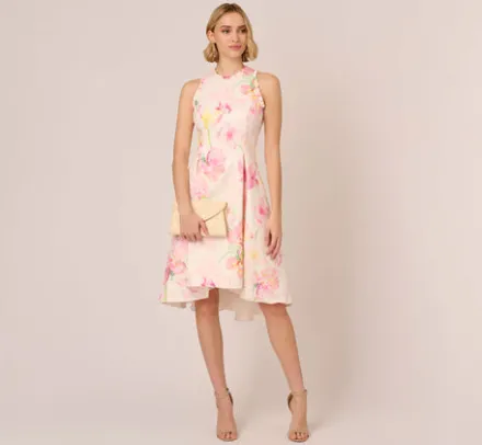 Adrianna Papell Wedding Guest Dresses|Day Dresses*Floral Jacquard High Low Halter Dress With Ruffle Trim In Pink Multi