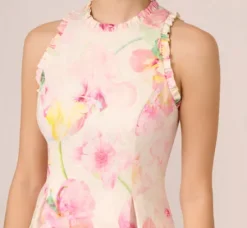 Adrianna Papell Wedding Guest Dresses|Day Dresses*Floral Jacquard High Low Halter Dress With Ruffle Trim In Pink Multi