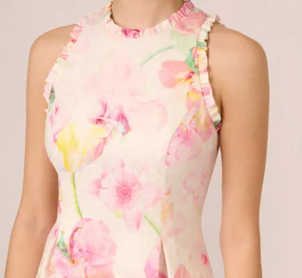 Adrianna Papell Wedding Guest Dresses|Day Dresses*Floral Jacquard High Low Halter Dress With Ruffle Trim In Pink Multi