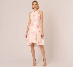 Adrianna Papell Wedding Guest Dresses|Day Dresses*Floral Jacquard High Low Halter Dress With Ruffle Trim In Pink Multi