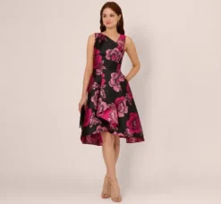 Adrianna Papell Wedding Guest Dresses*Floral Jacquard High Low Midi Dress With Asymmetrical Neckline In Black Pink