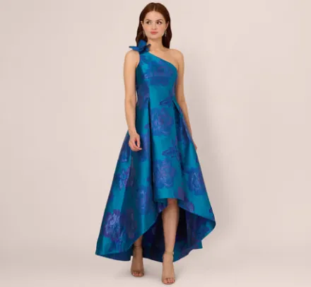 Adrianna Papell Wedding Guest Dresses|Formal Dresses*Floral Jacquard One Shoulder High Low Gown With Rosette Accent In Teal Blue