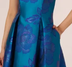 Adrianna Papell Wedding Guest Dresses|Formal Dresses*Floral Jacquard One Shoulder High Low Gown With Rosette Accent In Teal Blue