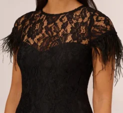 Adrianna Papell Wedding Guest Dresses*Floral Lace And Feather Trimmed Short Sheath Cocktail Dress In