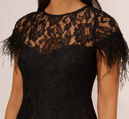 Adrianna Papell Wedding Guest Dresses*Floral Lace And Feather Trimmed Short Sheath Cocktail Dress In