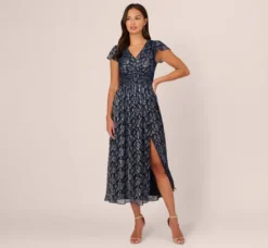Adrianna Papell Wedding Guest Dresses|Grandmother Of The Bride & Groom*Floral Metallic Crinkle Ankle Length Dress With Flutter Sleeves In Navy Silver