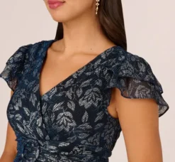 Adrianna Papell Wedding Guest Dresses|Grandmother Of The Bride & Groom*Floral Metallic Crinkle Ankle Length Dress With Flutter Sleeves In Navy Silver