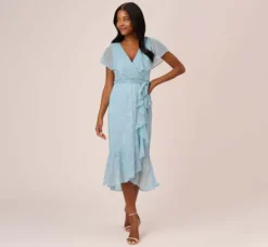 Adrianna Papell Wedding Guest Dresses|Day Dresses*Floral Metallic Stencil Midi-Length Mermaid Dress With Capelet In Light Blue