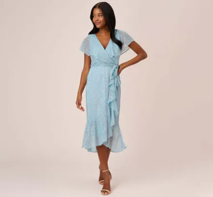 Adrianna Papell Wedding Guest Dresses|Day Dresses*Floral Metallic Stencil Midi-Length Mermaid Dress With Capelet In Light Blue