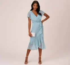 Adrianna Papell Wedding Guest Dresses|Day Dresses*Floral Metallic Stencil Midi-Length Mermaid Dress With Capelet In Light Blue