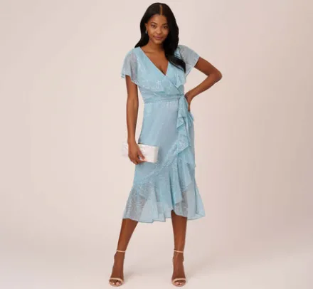 Adrianna Papell Wedding Guest Dresses|Day Dresses*Floral Metallic Stencil Midi-Length Mermaid Dress With Capelet In Light Blue