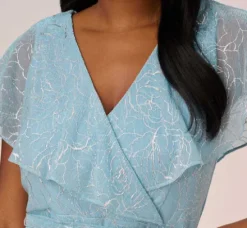 Adrianna Papell Wedding Guest Dresses|Day Dresses*Floral Metallic Stencil Midi-Length Mermaid Dress With Capelet In Light Blue