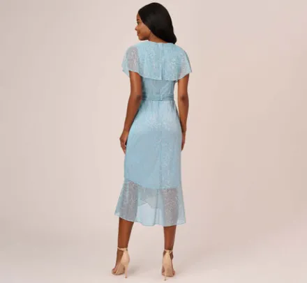 Adrianna Papell Wedding Guest Dresses|Day Dresses*Floral Metallic Stencil Midi-Length Mermaid Dress With Capelet In Light Blue