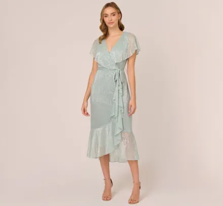 Adrianna Papell Wedding Guest Dresses|Day Dresses*Floral Metallic Stencil Midi-Length Mermaid Dress With Capelet In Sea Glass