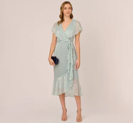 Adrianna Papell Wedding Guest Dresses|Day Dresses*Floral Metallic Stencil Midi-Length Mermaid Dress With Capelet In Sea Glass