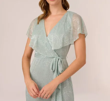 Adrianna Papell Wedding Guest Dresses|Day Dresses*Floral Metallic Stencil Midi-Length Mermaid Dress With Capelet In Sea Glass