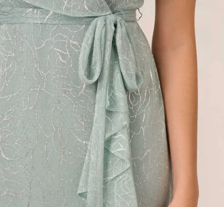 Adrianna Papell Wedding Guest Dresses|Day Dresses*Floral Metallic Stencil Midi-Length Mermaid Dress With Capelet In Sea Glass