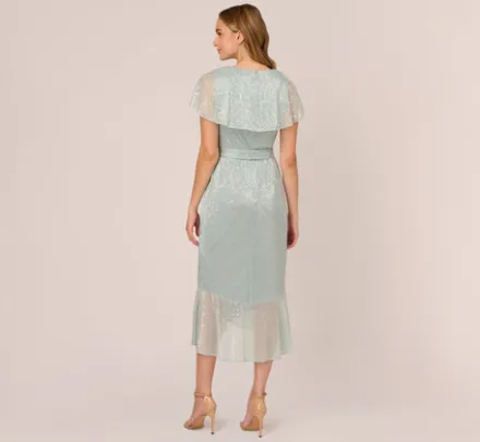 Adrianna Papell Wedding Guest Dresses|Day Dresses*Floral Metallic Stencil Midi-Length Mermaid Dress With Capelet In Sea Glass