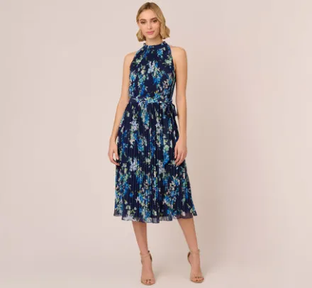 Adrianna Papell Wedding Guest Dresses|Day Dresses*Floral Pleated Chiffon Dress With Mock Neckline In Navy Multi