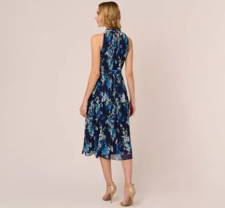 Adrianna Papell Wedding Guest Dresses|Day Dresses*Floral Pleated Chiffon Dress With Mock Neckline In Navy Multi