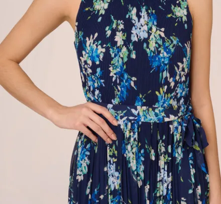 Adrianna Papell Wedding Guest Dresses|Day Dresses*Floral Pleated Chiffon Dress With Mock Neckline In Navy Multi