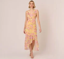 Adrianna Papell Wedding Guest Dresses|Day Dresses*Floral Print Ankle Length Chiffon Dress With Ruffled Details In Yellow Multi