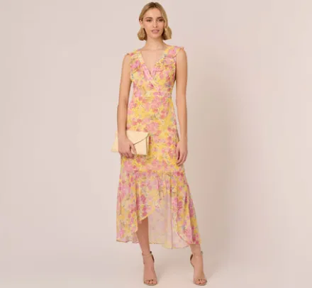 Adrianna Papell Wedding Guest Dresses|Day Dresses*Floral Print Ankle Length Chiffon Dress With Ruffled Details In Yellow Multi