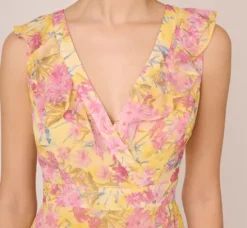Adrianna Papell Wedding Guest Dresses|Day Dresses*Floral Print Ankle Length Chiffon Dress With Ruffled Details In Yellow Multi