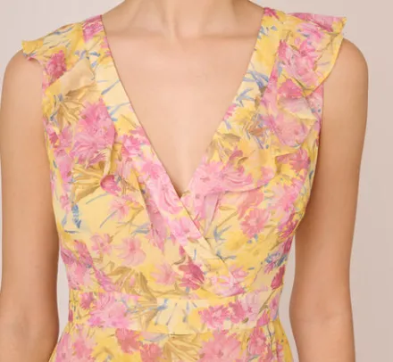 Adrianna Papell Wedding Guest Dresses|Day Dresses*Floral Print Ankle Length Chiffon Dress With Ruffled Details In Yellow Multi