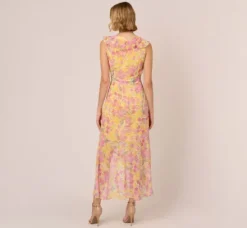 Adrianna Papell Wedding Guest Dresses|Day Dresses*Floral Print Ankle Length Chiffon Dress With Ruffled Details In Yellow Multi