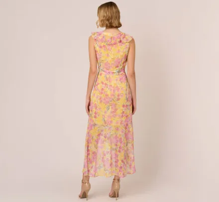 Adrianna Papell Wedding Guest Dresses|Day Dresses*Floral Print Ankle Length Chiffon Dress With Ruffled Details In Yellow Multi