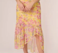 Adrianna Papell Wedding Guest Dresses|Day Dresses*Floral Print Ankle Length Chiffon Dress With Ruffled Details In Yellow Multi