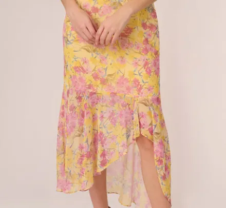Adrianna Papell Wedding Guest Dresses|Day Dresses*Floral Print Ankle Length Chiffon Dress With Ruffled Details In Yellow Multi