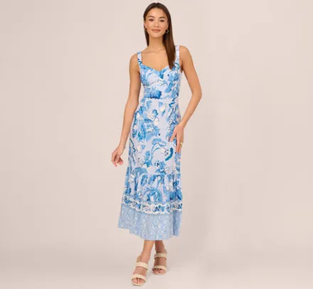 Adrianna Papell Wedding Guest Dresses|Day Dresses*Floral Print Ankle Length Dress With Flounce Skirt In Light Blue Multi