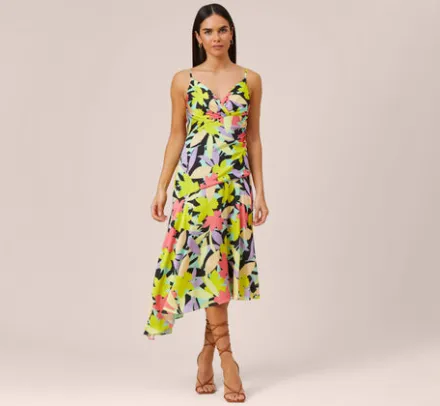 Adrianna Papell Wedding Guest Dresses|Petite-Friendly*Floral-Print Asymmetrical Midi-Length Cocktail Dress In Coral Multi