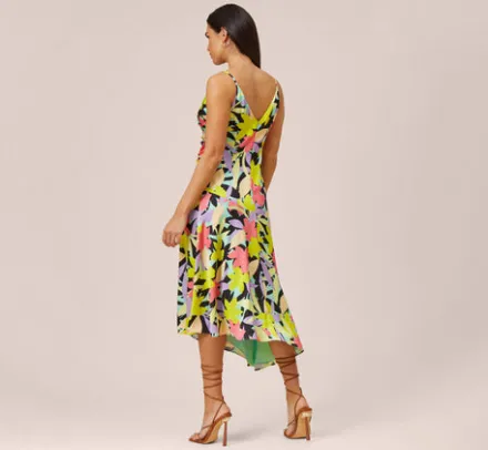 Adrianna Papell Wedding Guest Dresses|Petite-Friendly*Floral-Print Asymmetrical Midi-Length Cocktail Dress In Coral Multi