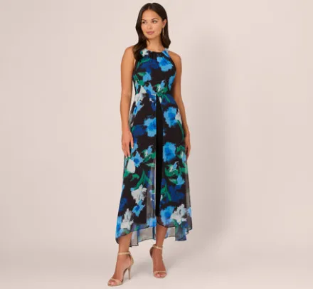 Adrianna Papell Jumpsuits|Day Dresses*Floral Print Chiffon Cropped Jumpsuit With Wide Legs In Black Multi