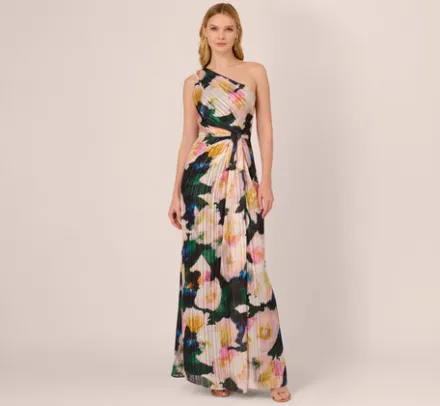 Adrianna Papell Wedding Guest Dresses|Formal Dresses*Floral Print Chiffon Gown With One Shoulder Neckline In Black Blush Multi