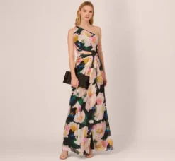 Adrianna Papell Wedding Guest Dresses|Formal Dresses*Floral Print Chiffon Gown With One Shoulder Neckline In Black Blush Multi