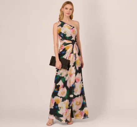 Adrianna Papell Wedding Guest Dresses|Formal Dresses*Floral Print Chiffon Gown With One Shoulder Neckline In Black Blush Multi