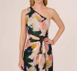 Adrianna Papell Wedding Guest Dresses|Formal Dresses*Floral Print Chiffon Gown With One Shoulder Neckline In Black Blush Multi