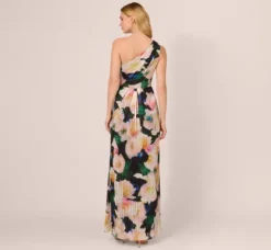 Adrianna Papell Wedding Guest Dresses|Formal Dresses*Floral Print Chiffon Gown With One Shoulder Neckline In Black Blush Multi