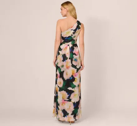 Adrianna Papell Wedding Guest Dresses|Formal Dresses*Floral Print Chiffon Gown With One Shoulder Neckline In Black Blush Multi