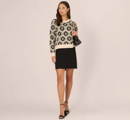 Adrianna Papell Tops & Blouses|Sweaters*Floral Print Crew Neck Pullover Sweater In Cream Fatigue Black